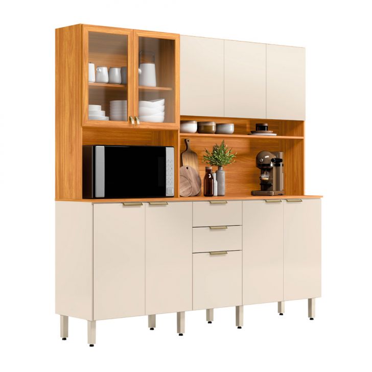 Cozinha Compacta com Vidro Amora 10 Portas 2 Gavetas Off White e Cinamomo