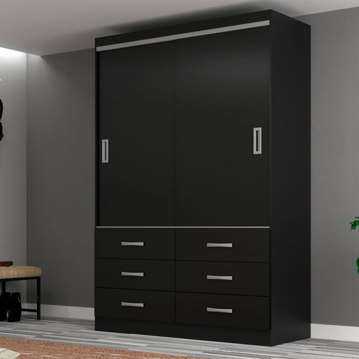 Guarda-roupa Solteiro Veneza 2 Portas 6 Gavetas Preto