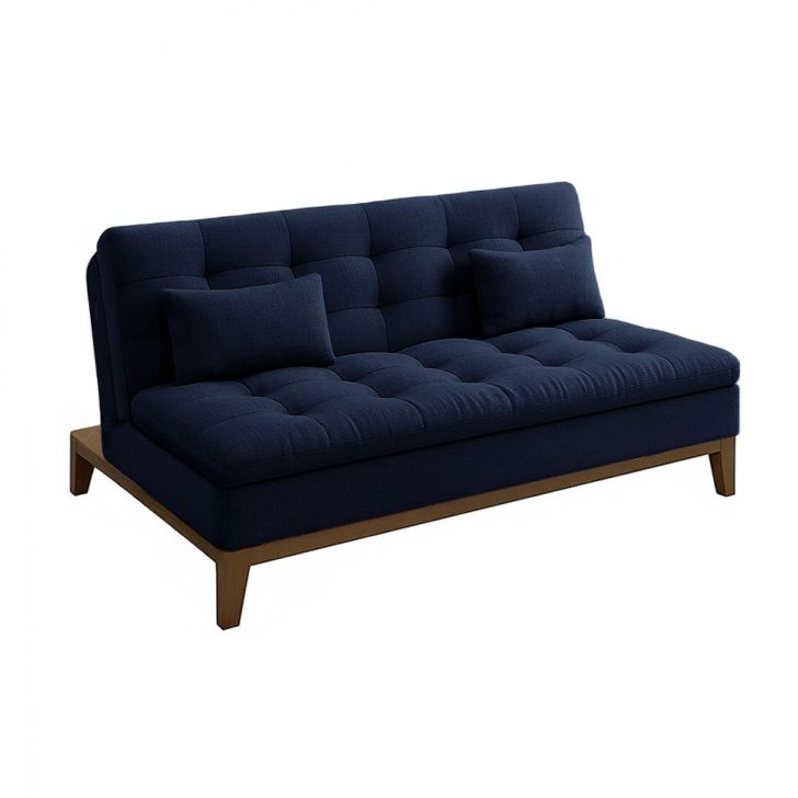 Sofá-Cama Casal 3 Lugares Premium Base e Pés de Madeira Linho Azul Marinho