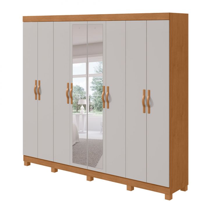 Guarda-roupa Casal Com Espelho E Pés Serenata 8 Portas 6 Gavetas Amêndoa Clean E Off White