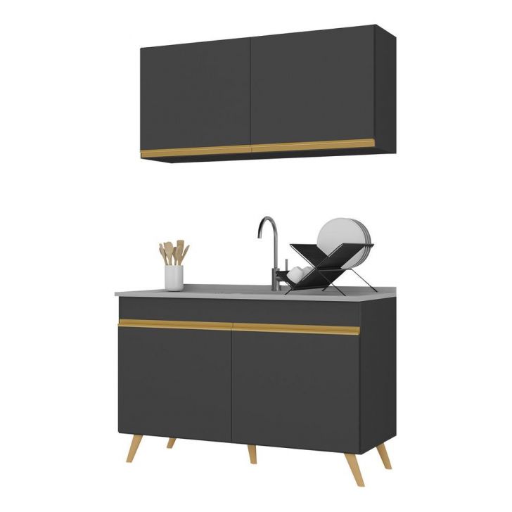 Armário de Cozinha Compacta 120cm Veneza Multimóveis V3748 Preto/Dourado