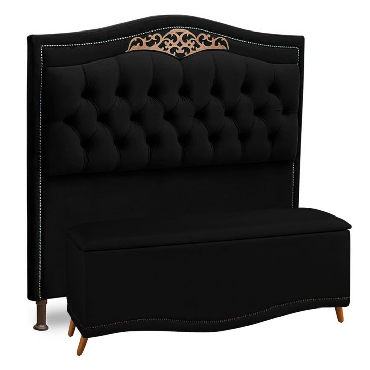 Cabeceira e Calçadeira Baú Cama Box Casal King Size Belize 195cm Corano Preto - Desk Design