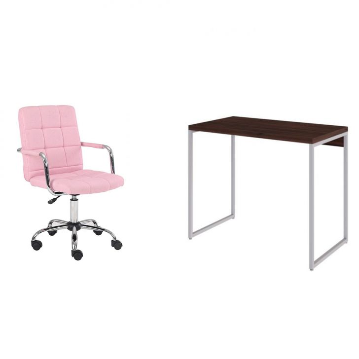 Conjunto de Mesa Studio Nogal e Branca com Cadeira de Escritório Secretária Giratória Fitz Rosa