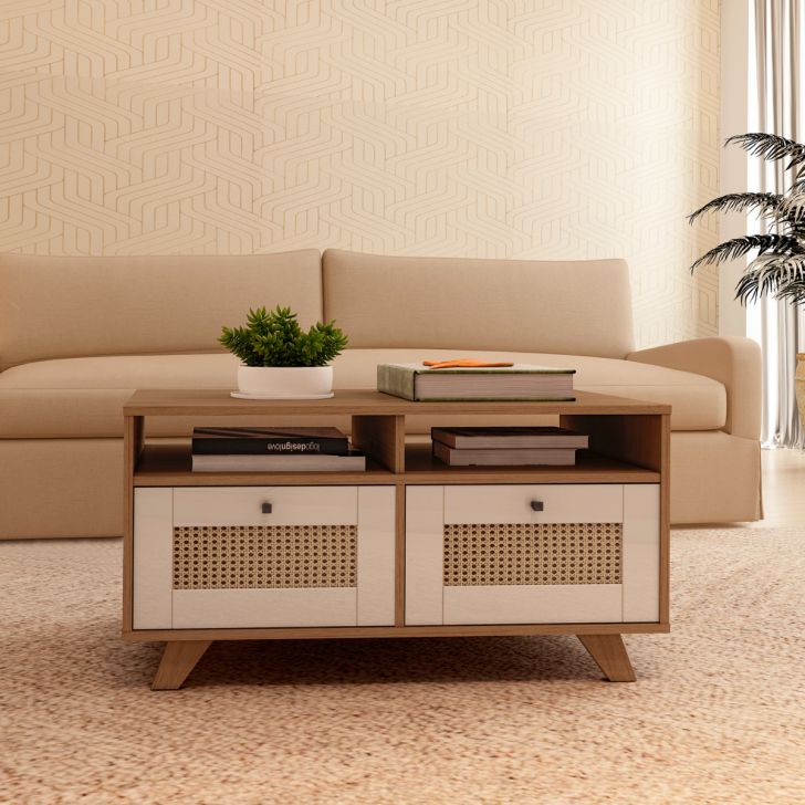 Mesa de Centro Trama 2 Gavetas 2 Prateleiras Cinamomo/Off White