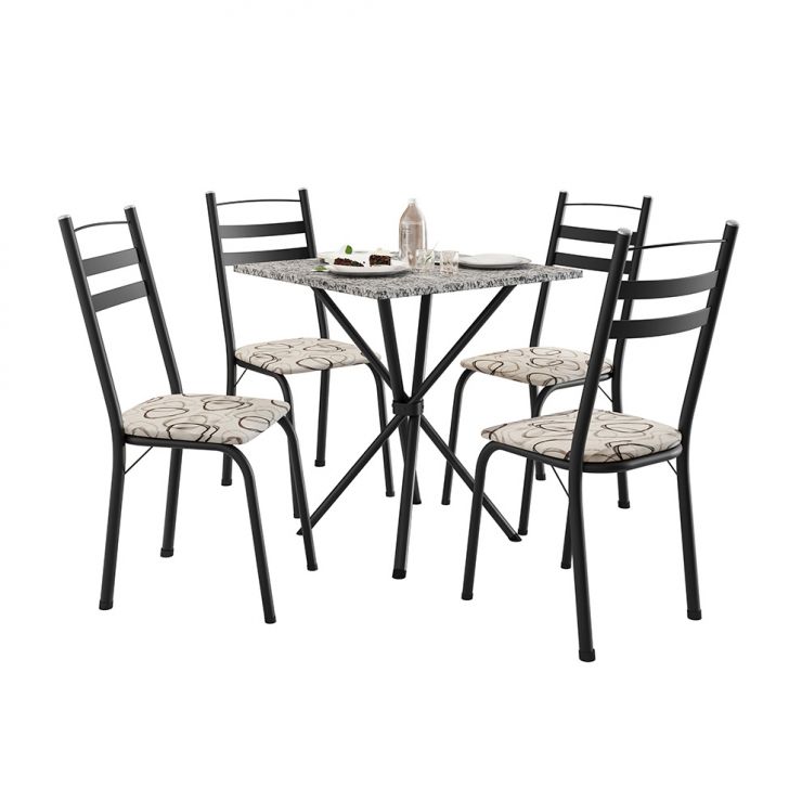 Conjunto de Mesa Quadrada com Tampo Granito e 4 Cadeiras Léia II Revestimento Sintético Preto e Cedro