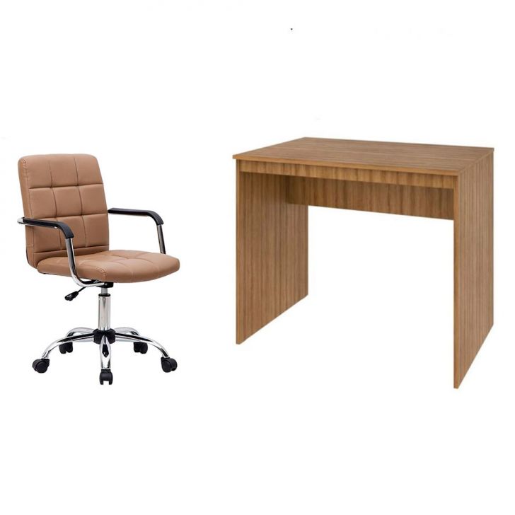 Conjunto de Mesa Office Mel com Cadeira de Escritório Secretária Giratória Fitz Marrom