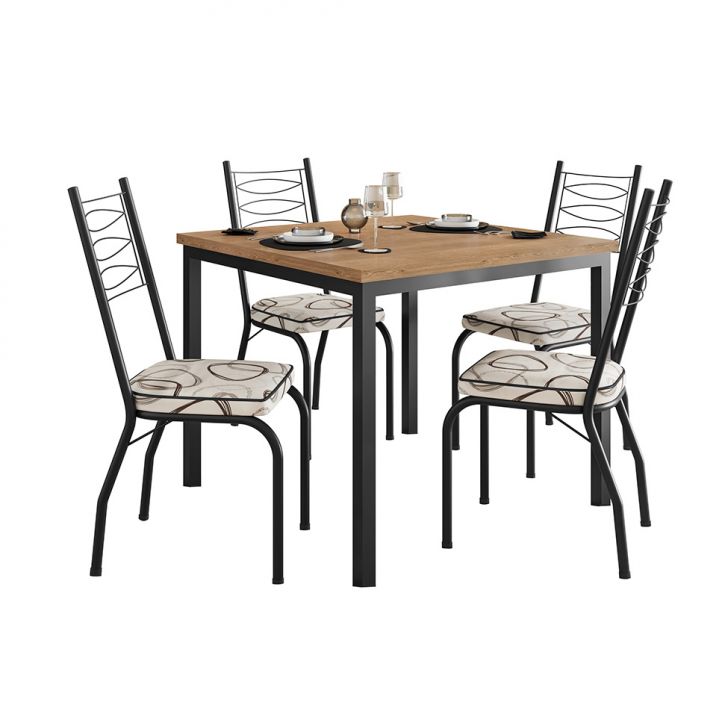 Conjunto De Mesa Quadrada Com Tampo Mdp E 4 Cadeiras Adriana Revestimento Sintético Bege Estampado E Preto