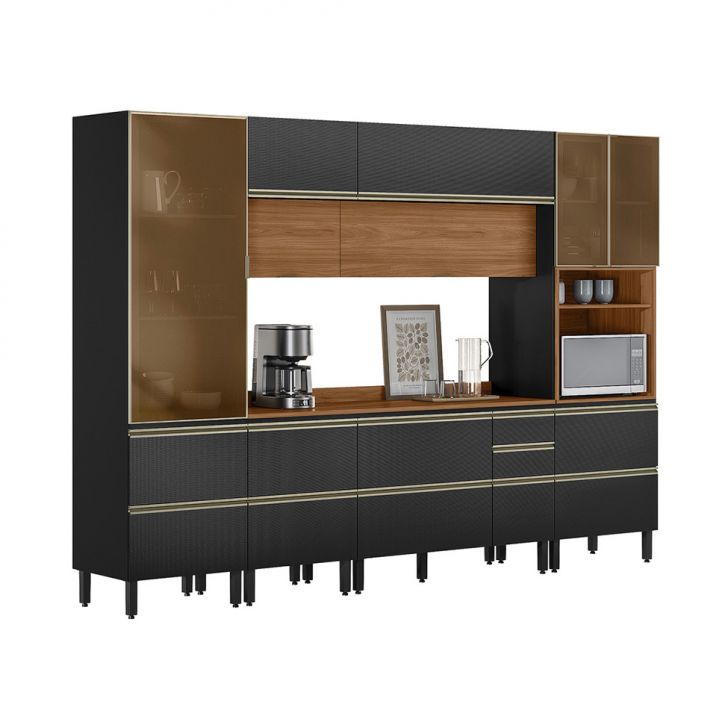 Armário de Cozinha Compacta com 3 Vidros Reflecta Proença 9 Portas 11 Gavetas Carbono e Nogueira
