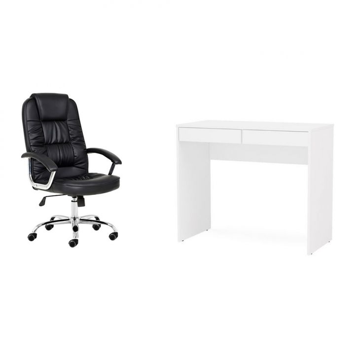 Conjunto de Mesa Mendes 2 GV Branca com Cadeira de Escritório Presidente Giratória com Relax Finland Preta