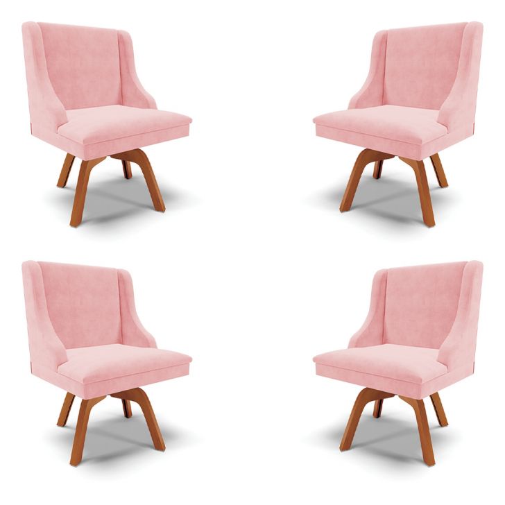 Kit 4 Cadeiras Decorativas Sala de Jantar Base Giratória de Madeira Firenze Suede Rosa Bebê/Natural G19 - Gran Belo