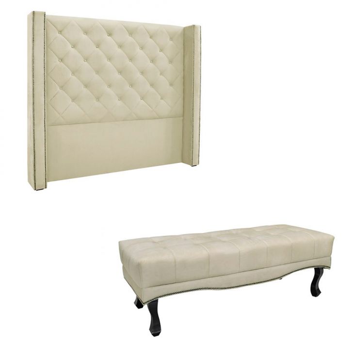 Conjunto de Cabeceira Solteiro com Recamier Vicenza Veludo Bege