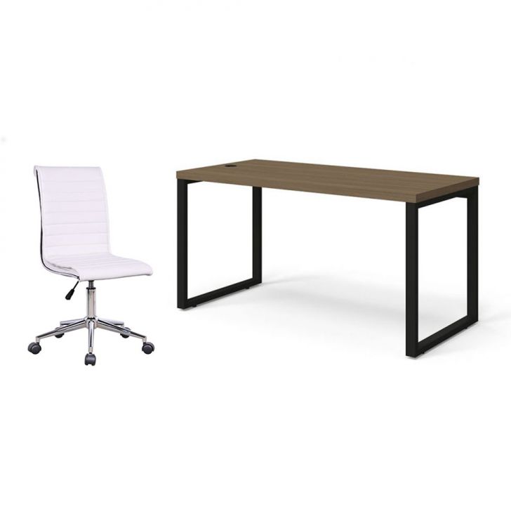 Conjunto de Mesa Munique Carvalho 150 cm com Cadeira de Escritório Secretária Giratória Marilyn Branca