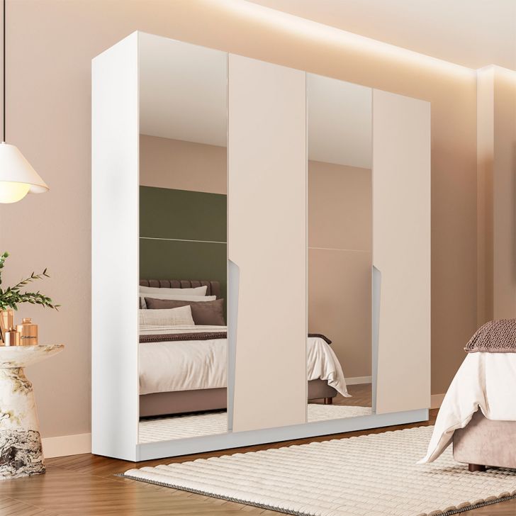 Guarda-roupa Casal Com Espelho Porto 4 Portas 4 Gavetas Branco E Creme