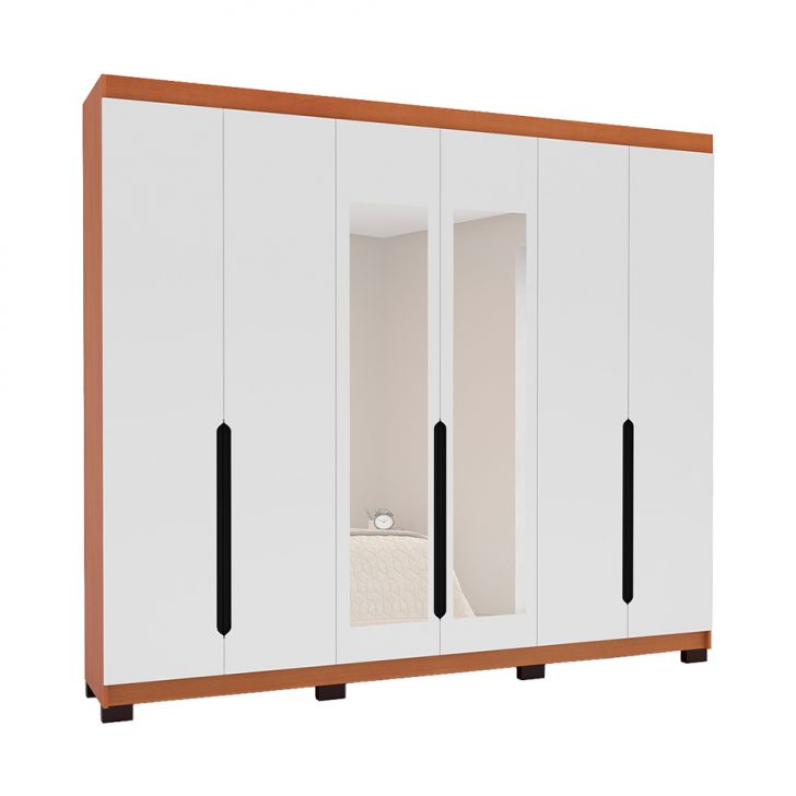 Guarda-roupa Casal Com Espelho Madrid 6 Portas 4 Gavetas Freijó E Branco