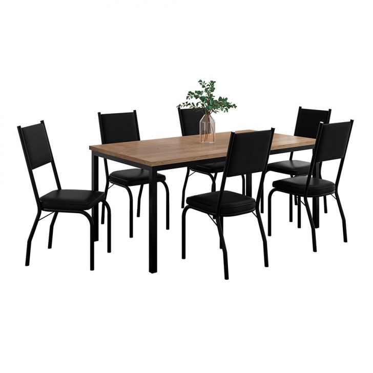 Conjunto De Mesa Retangular Com Tampo De Mdp Amadeirado E 6 Cadeiras Adriana Ii Revestimento Sintético Preto