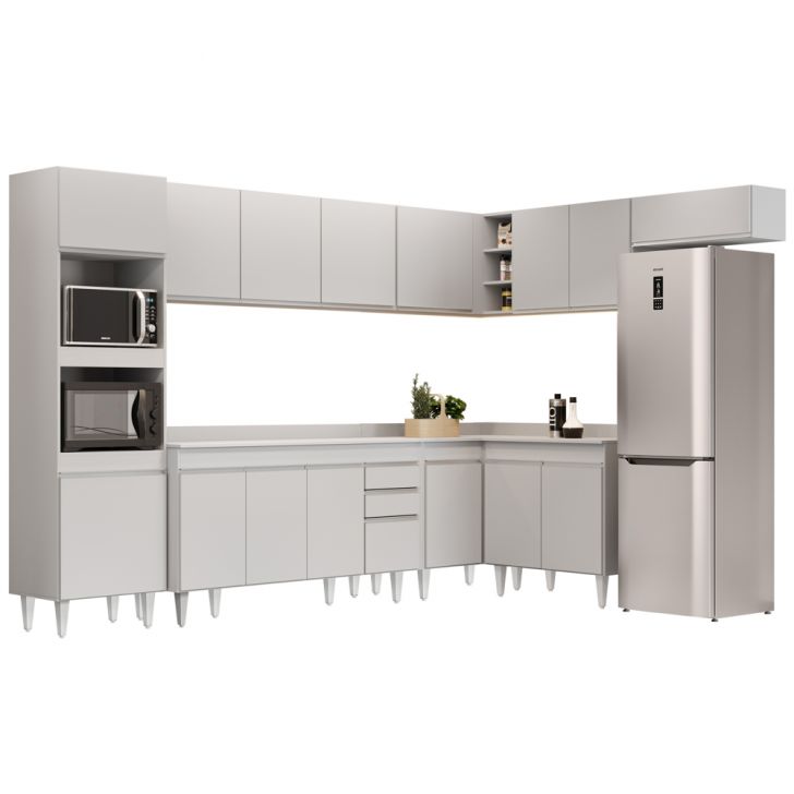 Armário de Cozinha Modulada de Canto 8 Peças CP08 Balcão com Tampo Branco - Lumil