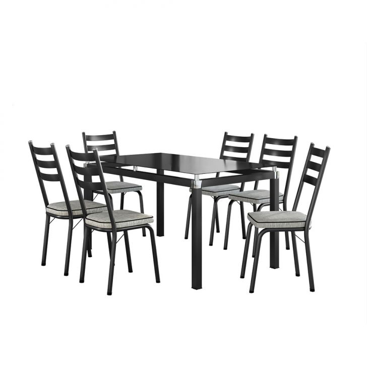 Conjunto De Mesa Retangular Com Tampo De Vidro Malva E 6 Cadeiras New Revestimento Sintético Grafiato E Preto