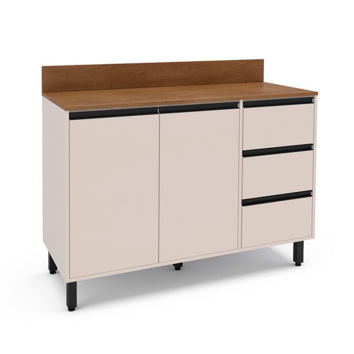 Balcão de Cozinha Koya com Tampo 2 Portas 3 Gavetas Creme