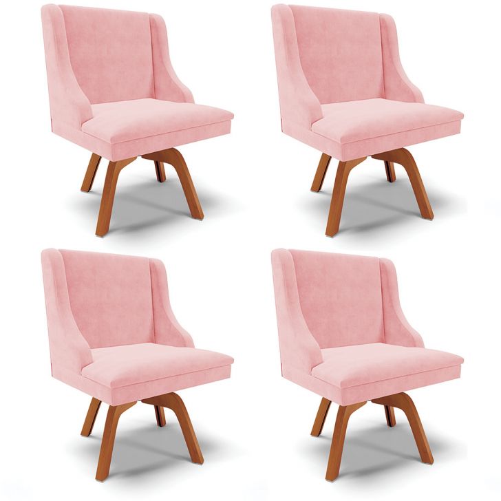Kit 04 Cadeiras de Jantar Liz Suede Rosa Bebê Base Giratória de Madeira MM35 - D'Rossi