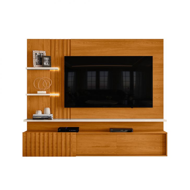 Painel Com Rack Suspenso Para Tv Até 65 Polegadas Atena 2 Portas Cinamomo E Off White