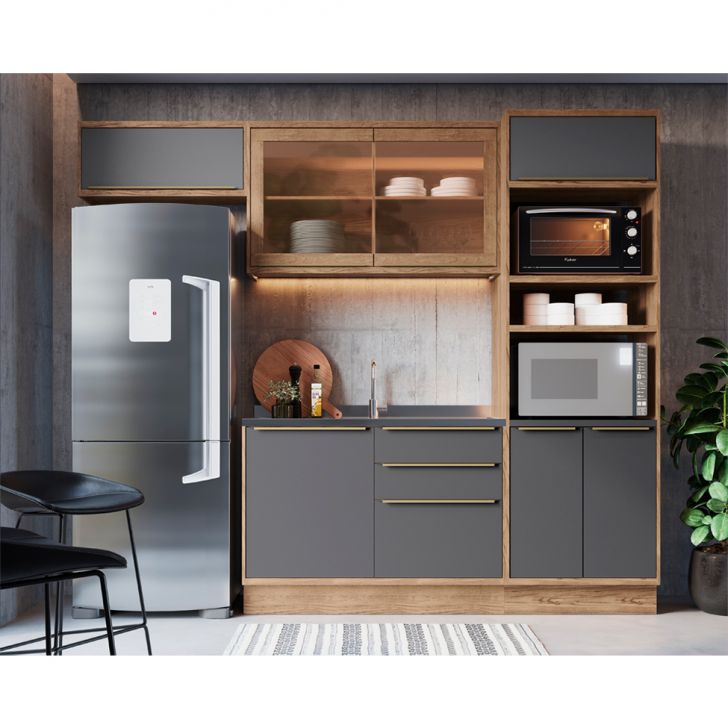 Cozinha Completa Ten com Vidro 7 Portas 3 Gavetas Freijó e Grafito