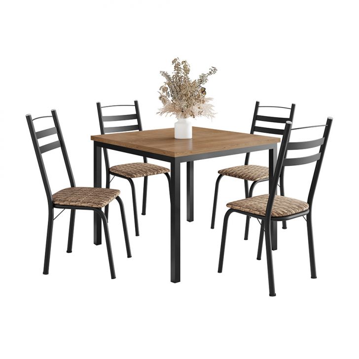 Conjunto De Mesa Quadrada Com Tampo De Mdp Amadeirado E 4 Cadeiras Adriana Revestimento Sintético Bege E Preto