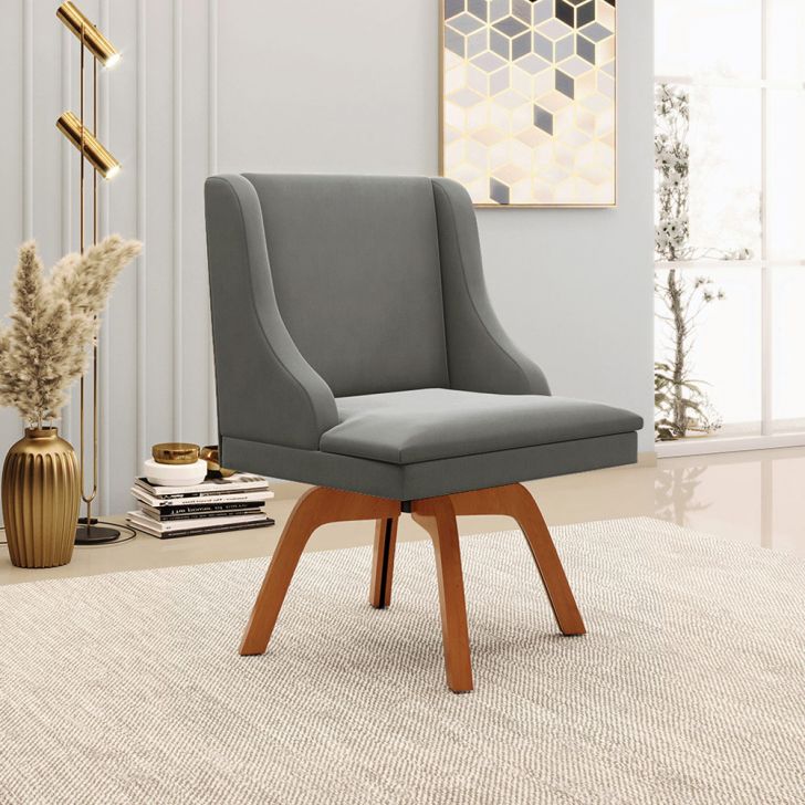 Cadeira Decorativa Sala de Jantar Base Giratória de Madeira Firenze Suede Grafite/Natural G19 - Gran Belo