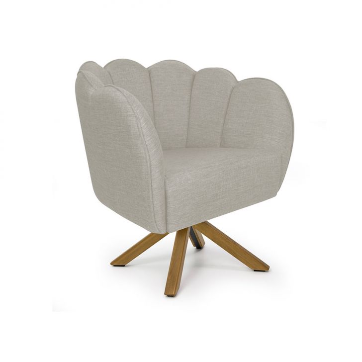 Poltrona Ariel Giratória Linho Aveia E Madeira