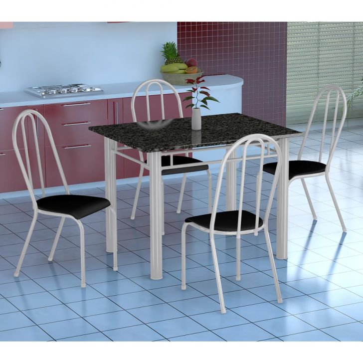 Conjunto De Mesa Genova Com 4 Cadeiras Alicante Branco E Preto Liso