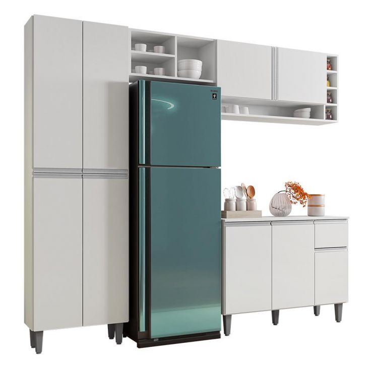 Cozinha Modulada Vanessa 230cm Paneleiro, Balcão com Tampo MDP e Aéreo Branco - AJL Móveis