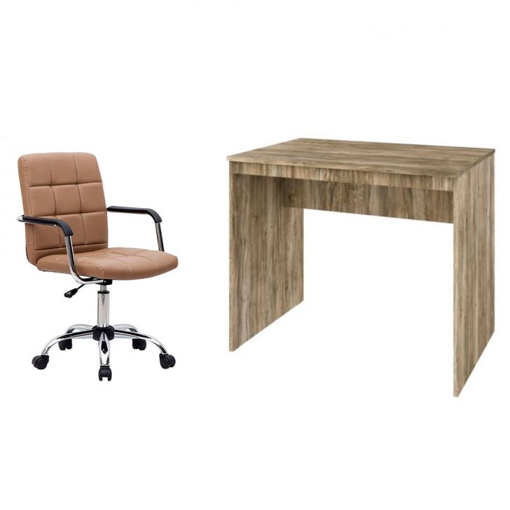 Conjunto de Mesa Office Carvalho com Cadeira de Escritório Secretária Giratória Fitz Marrom