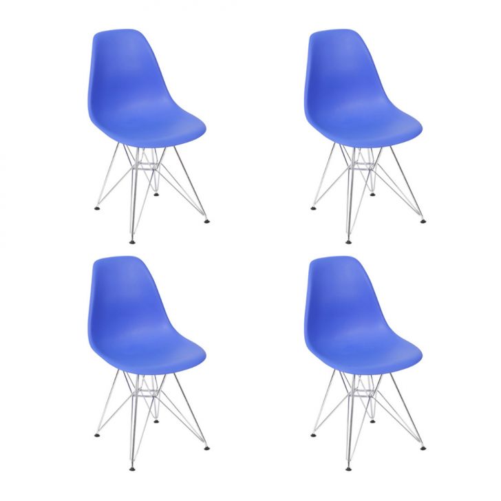 Conjunto com 4 Cadeiras DKR Eames Azul Escuro e Cromado