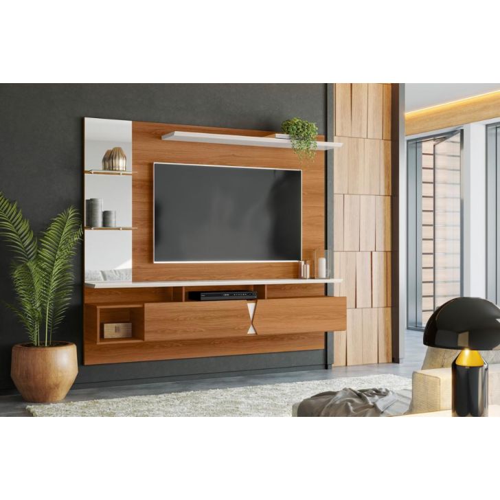 Painel Vega P/ Tvs Até 55''  C/ Gaveteiros E Prateleiras Suporte Para Itens - Jequitiba/Off White Perolizado