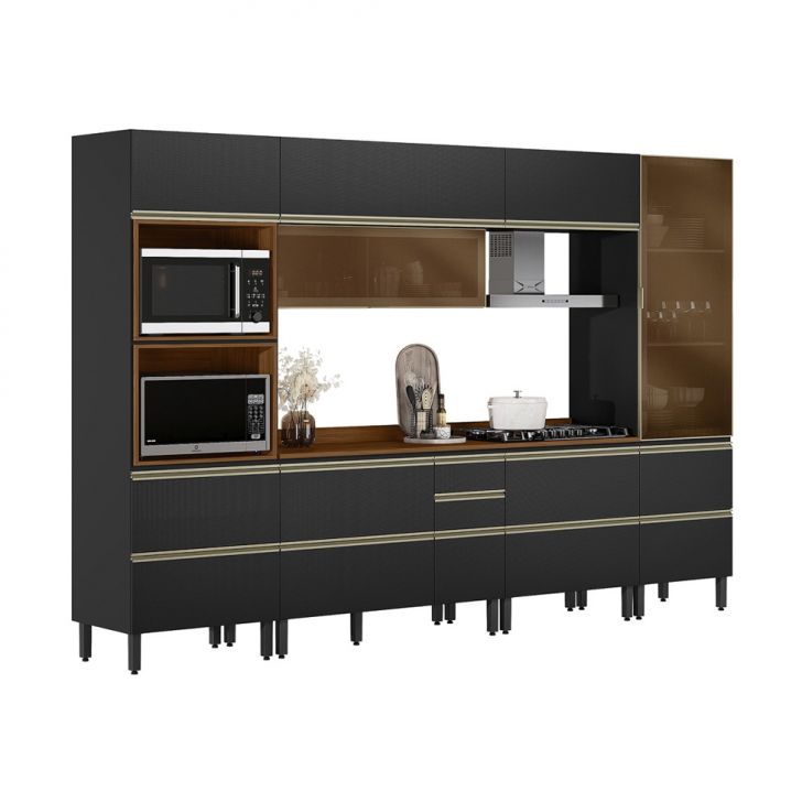 Armário de Cozinha Compacta com 2 Vidros Reflecta Proença 8 Portas 8 Gavetas Carbono e Nogueira