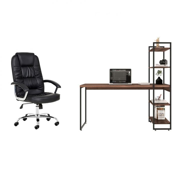 Conjunto de Mesa com Estante Studio Nogal 146 cm com Cadeira de Escritório Presidente Giratória com Relax Finland Preta