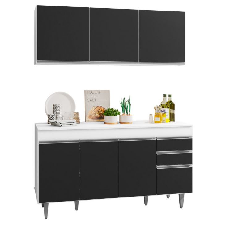 Armário Aéreo Argélia e Balcão Gabinete de Pia com Tampo Marrocos 150cm Branco/Preto - Lumil