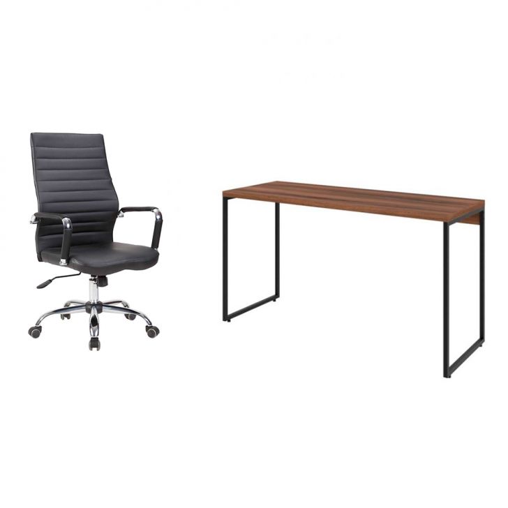 Conjunto de Mesa Studio Nogal 135 cm com Cadeira de Escritório Diretor Giratória Cleaner Preta