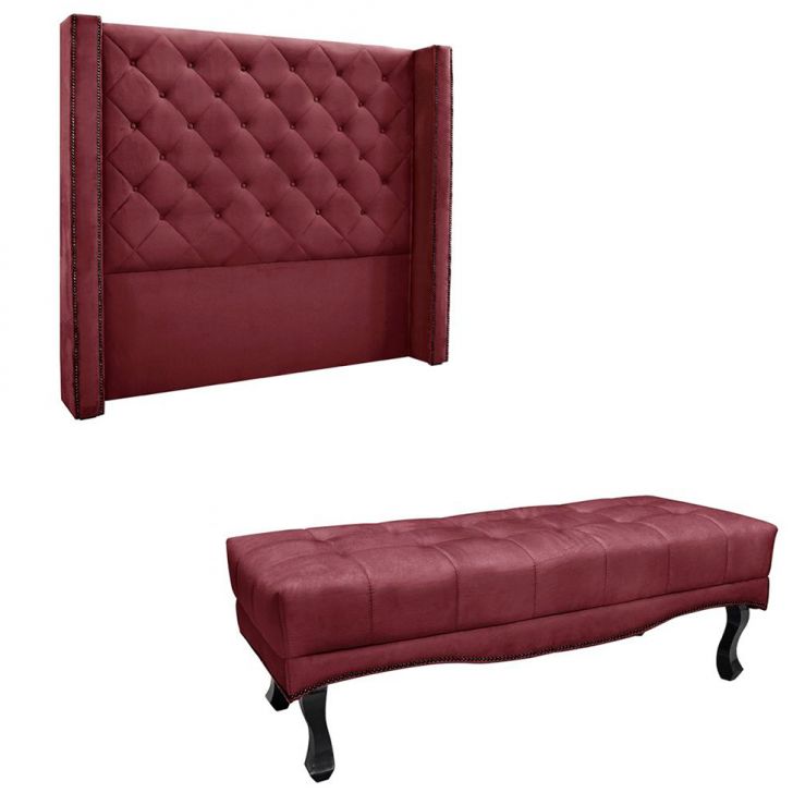 Conjunto de Cabeceira Solteiro com Recamier Vicenza Veludo Vinho