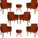 Kit 6 Poltronas Decorativas Para Sala, Recepção Nina + 2 Puff Redondo Suede Terracota Pé Castanho - Clique E Decore