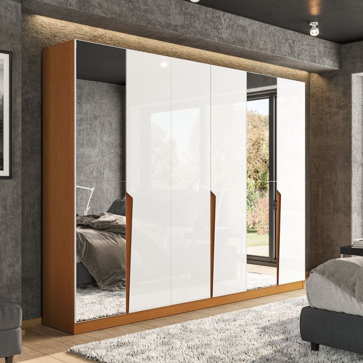 Guarda-roupa Casal Com Espelho Porto 6 Portas 4 Gavetas Freijó E Branco