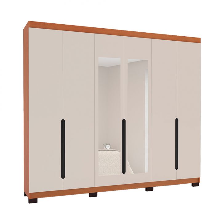 Guarda-roupa Casal Com Espelho Madrid 6 Portas 4 Gavetas Freijó E Creme