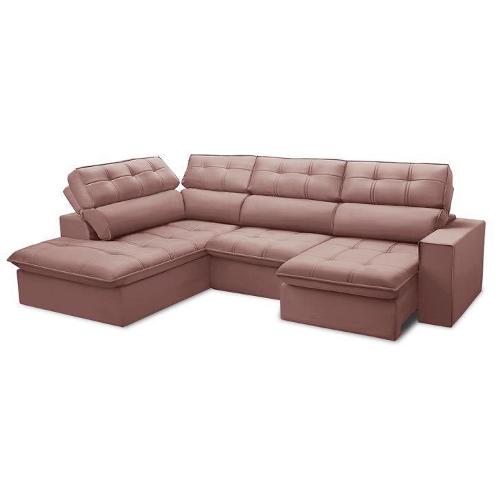 Image of Sofá 5 Lugares Retrátil E Reclinável Arezzo Com Chaise Esquerdo Veludo Rosê PLA-FE691UP73DVUMOB