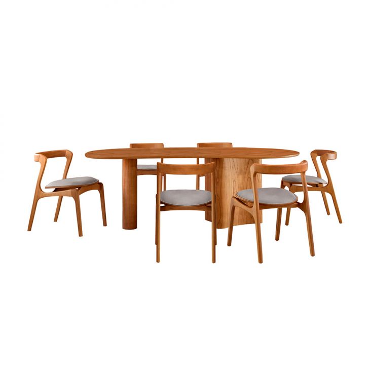 Mesa De Jantar Orgânica Com Tampo Laminado E 6 Cadeiras Savana Linho Cinza Claro E Imbuia Natural