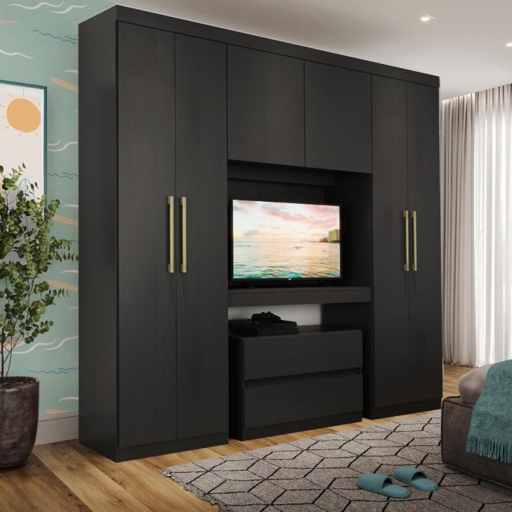 Guarda Roupa Infantil 6 Portas 2 Gavetas Porto Preto com Painel de TV