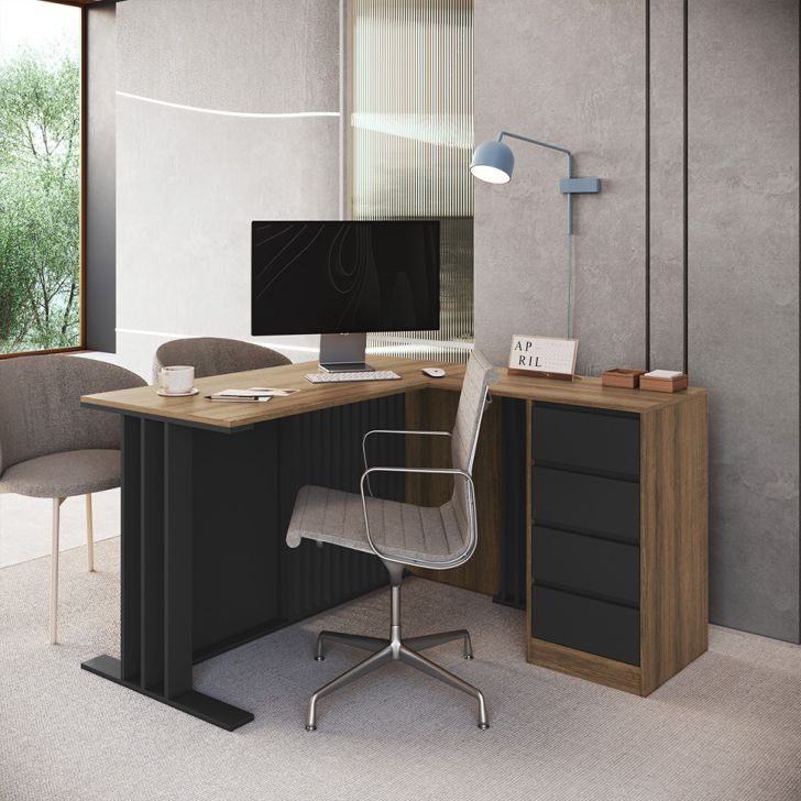 Mesa de Escritório em L Office 4 Gavetas Mel e Grafite