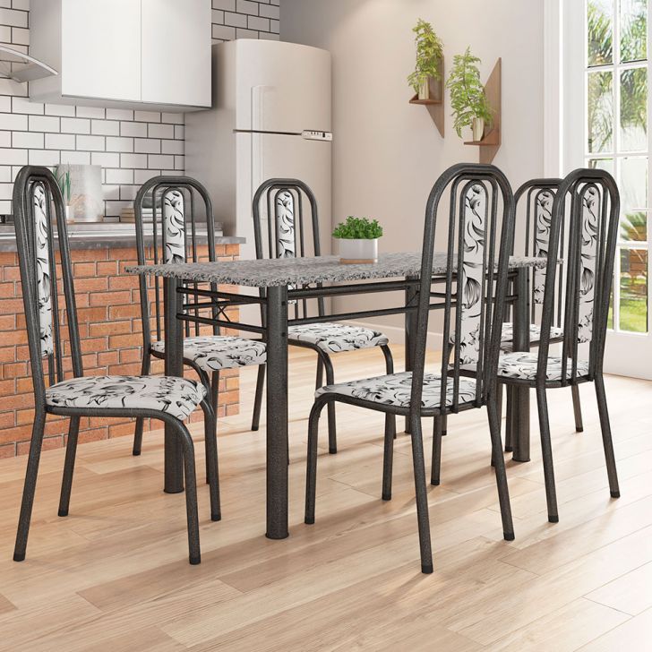 Conjunto De Mesa Com 6 Cadeiras Granada Preto E Branco Floral Gr