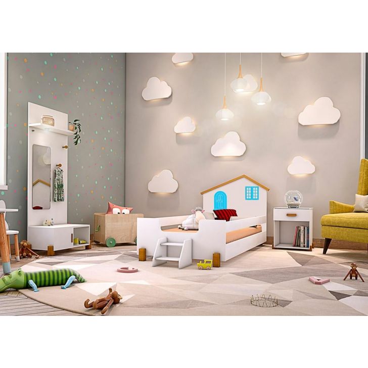 Cama Solteiro Belíssima Branca e Azul com 2 Luminárias Divaloto