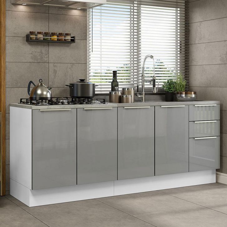 Kit com 2 Balcões de Cozinha Madesa Lux 4 Portas 3 Gavetas (Sem Tampo e Pia) - Branco/Cinza