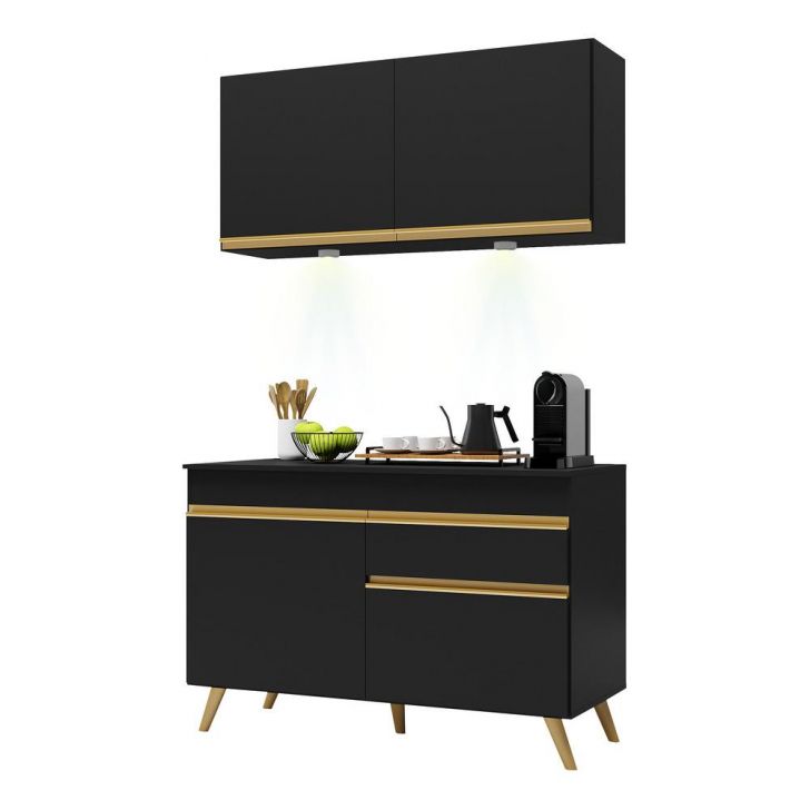 Armário de Cozinha Compacta 120cm com Leds Veneza Up Multimóveis V2012 Preto/Dourado