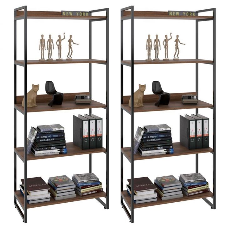 Kit 2 Estantes Livreiro Multiuso Prisma Estilo Industrial 80cm 5 Prateleiras C08 Nogal - Mpozenato